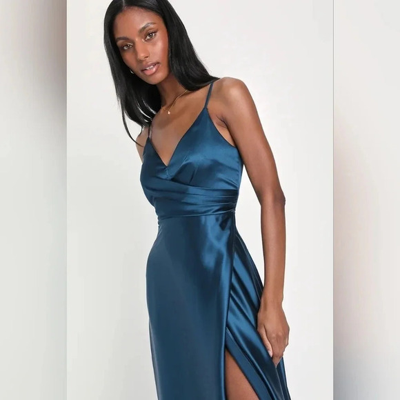 Lulus Shades of Love Teal Blue Satin Faux-Wrap Maxi Dress Wedding Party Prom - Picture 3 of 12